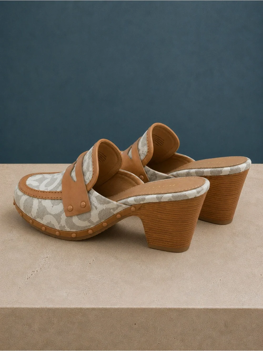 Coach Tan & Cream Signature Canvas Clog Heels Size 6.5